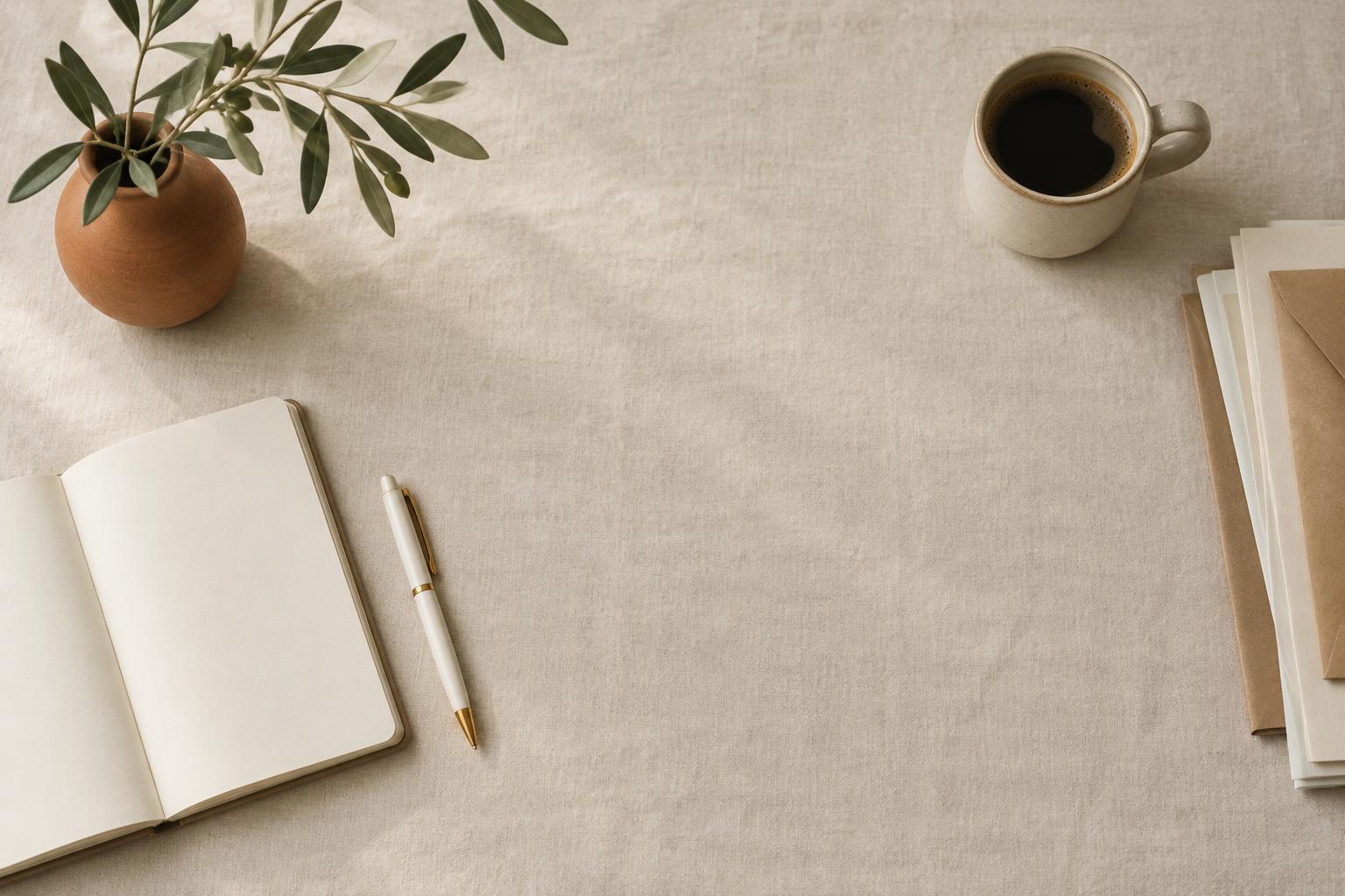 A clear linen-covered desk with a notebook, pen, neatly stacked papers, coffee and an olive branch in a terracotta vase