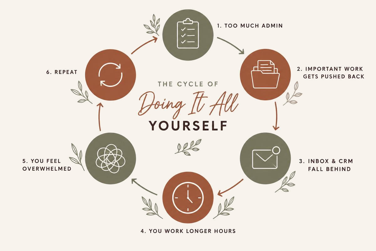 A circular six-step diagram titled The Cycle of Doing It All Yourself, showing too much admin, important work pushed back, inbox and CRM falling behind, longer hours, feeling overwhelmed and repeat, in terracotta and olive line art on cream