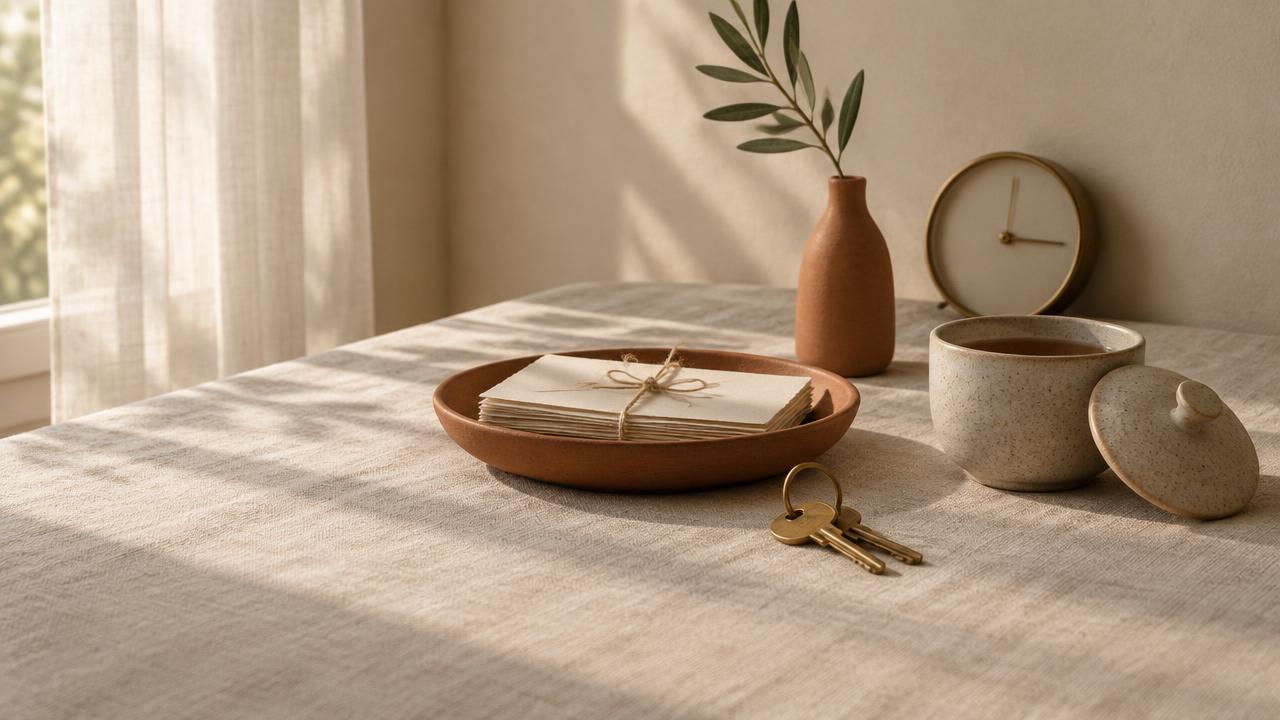 A sunlit linen table scene: folded lists tied with twine in a terracotta dish, brass keys, a lidded cup of tea, an olive sprig in a small clay vase and a brass clock against a cream wall